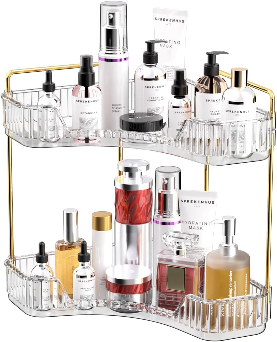 Luxury Gold Skincare - 2단 투명 욕실 정리대, 고급 골드